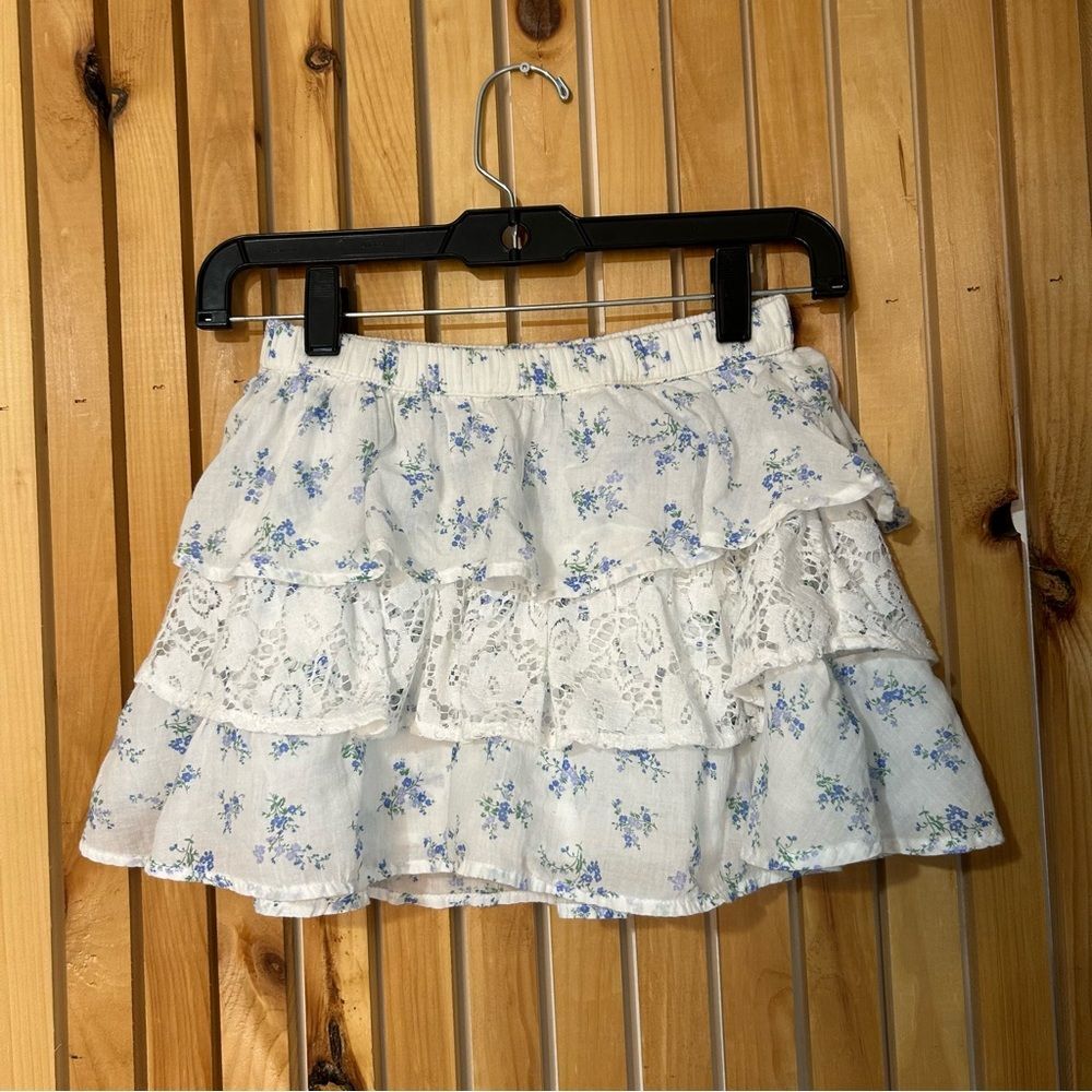 Abercrombie Kids Floral Ruffle Tiered Lace Mini Skirt White Blue 9/10